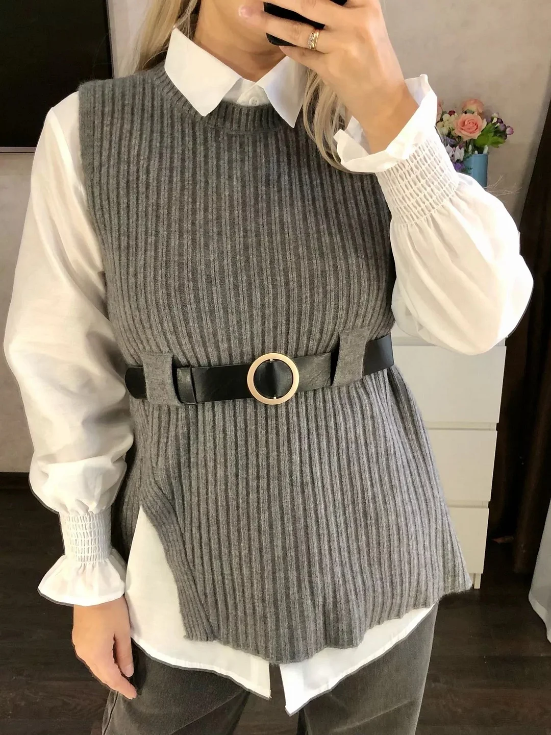 Billlnai Woman Sweater Vest Lantern Sleeve Shirt Two Piece Sets with Waistband 2023 Fall Fashion Jumpers Office Lady Pullover