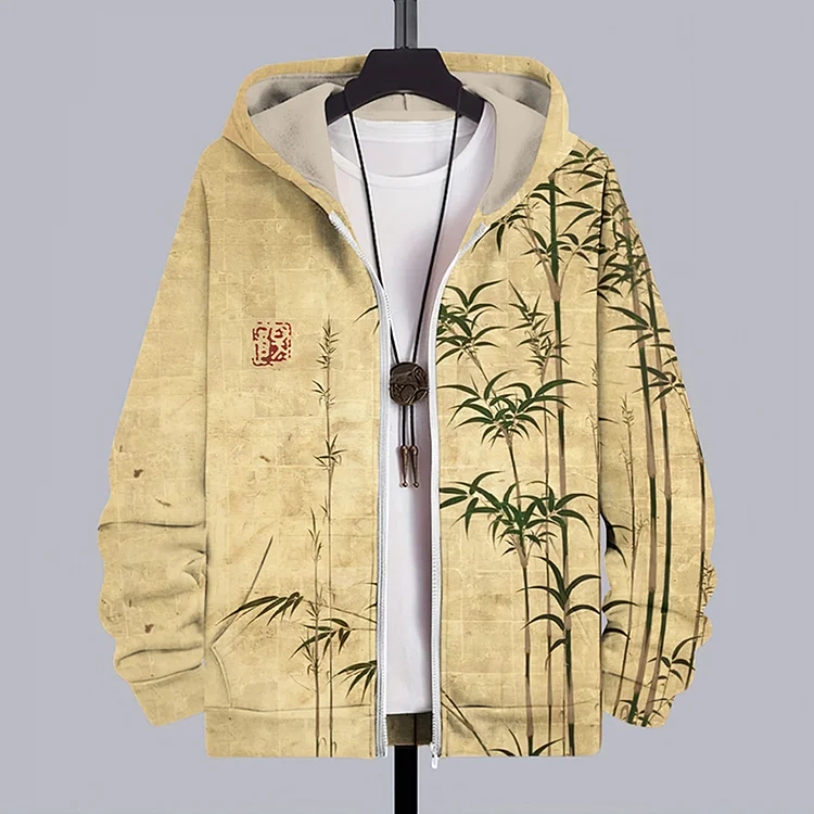 Vintage Bamboo Japanese Art Print Casual Hooded Zip Up Jacket