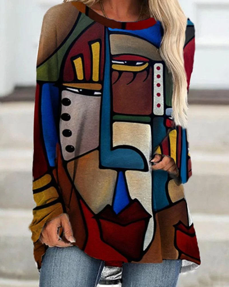 Women's Abstract Portrait Print Round Neck Long Sleeve Plus Size Top