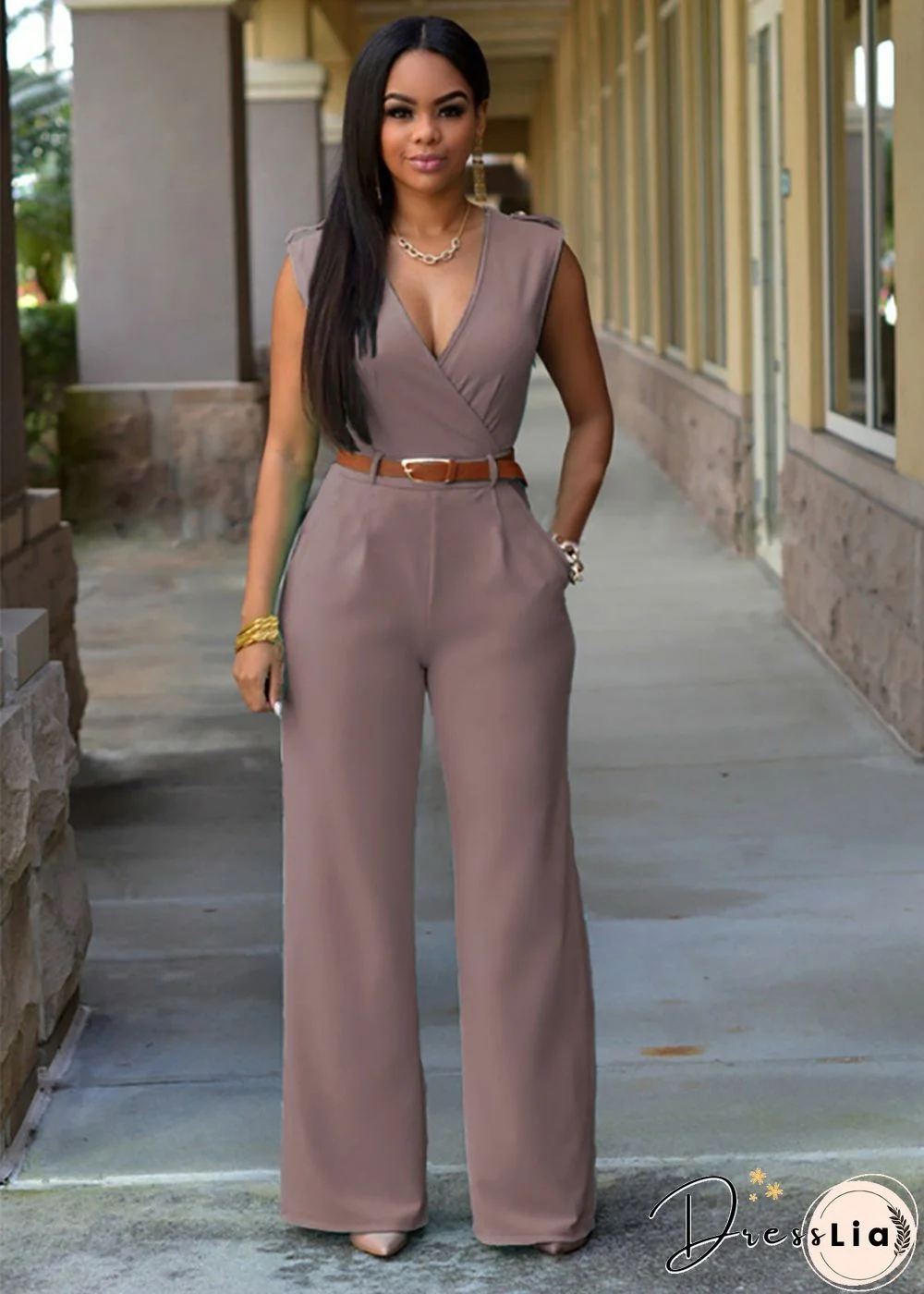V Neck Solid Casual Short Sleeve Jumpsuits