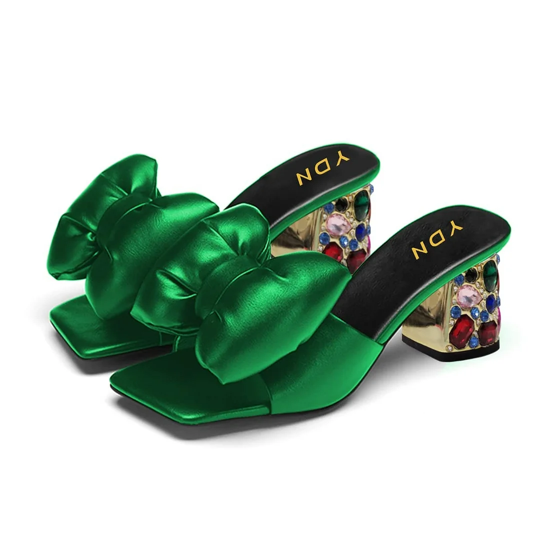 Square Toe Decorative Heel Bow Rhinestone Mules Shoes in Green