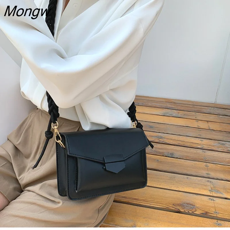 Mongw Women Girls Small Crossbody Bags Fashion Solid PU Leather Shoulder Messenger Bag Braided Strap Handbag