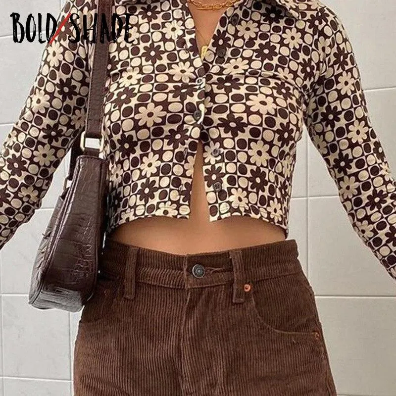 Bold Shade Retro 90s Grunge Style Crop Blouse Floral Print Long Sleeve Button Breasted Slim Shirts Women Indie Aesthetic Blouses