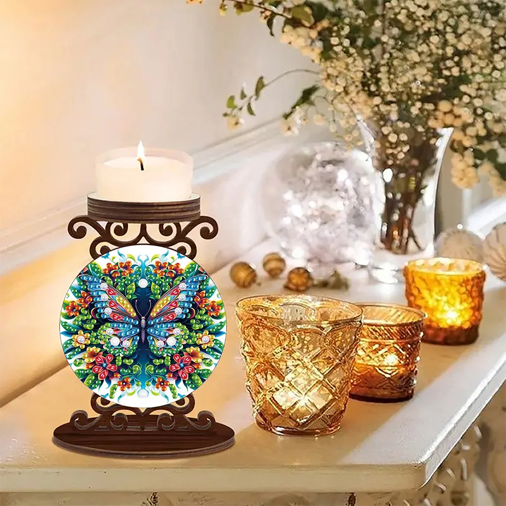 Wooden Diamond Painting Candle Holder Rhinestone Candlestick Decor (Butterfly)