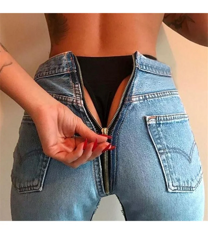 Women High Waist Back Zipper Slim Jeans S-XXL