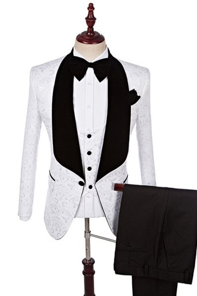 Shiny Jacquard White Three Pieces Shawl Lapel Wedding Suits | Ballbellas Ballbellas