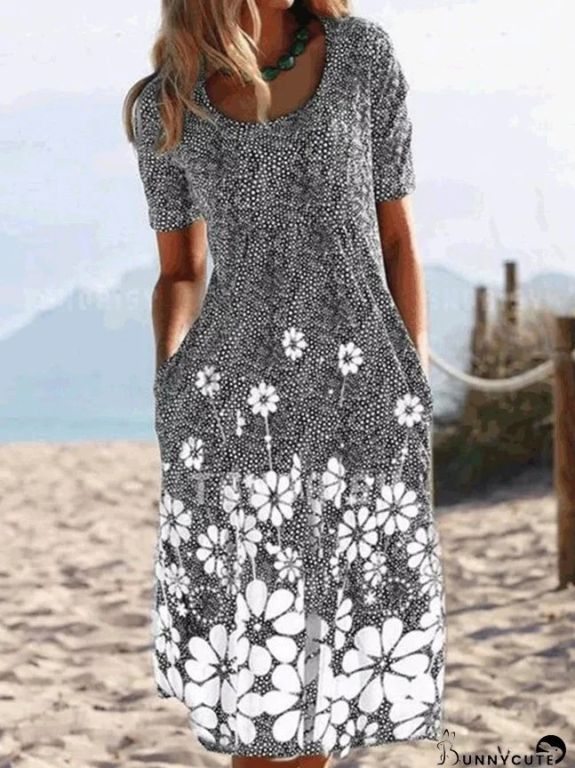 Dresses Casual Vintage Floral Pocket Short Sleeve Dress for Women