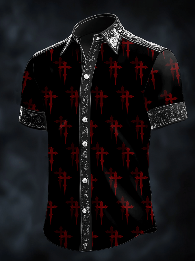 Men's Dark Skull Print Satin Short Sleeve Shirt 