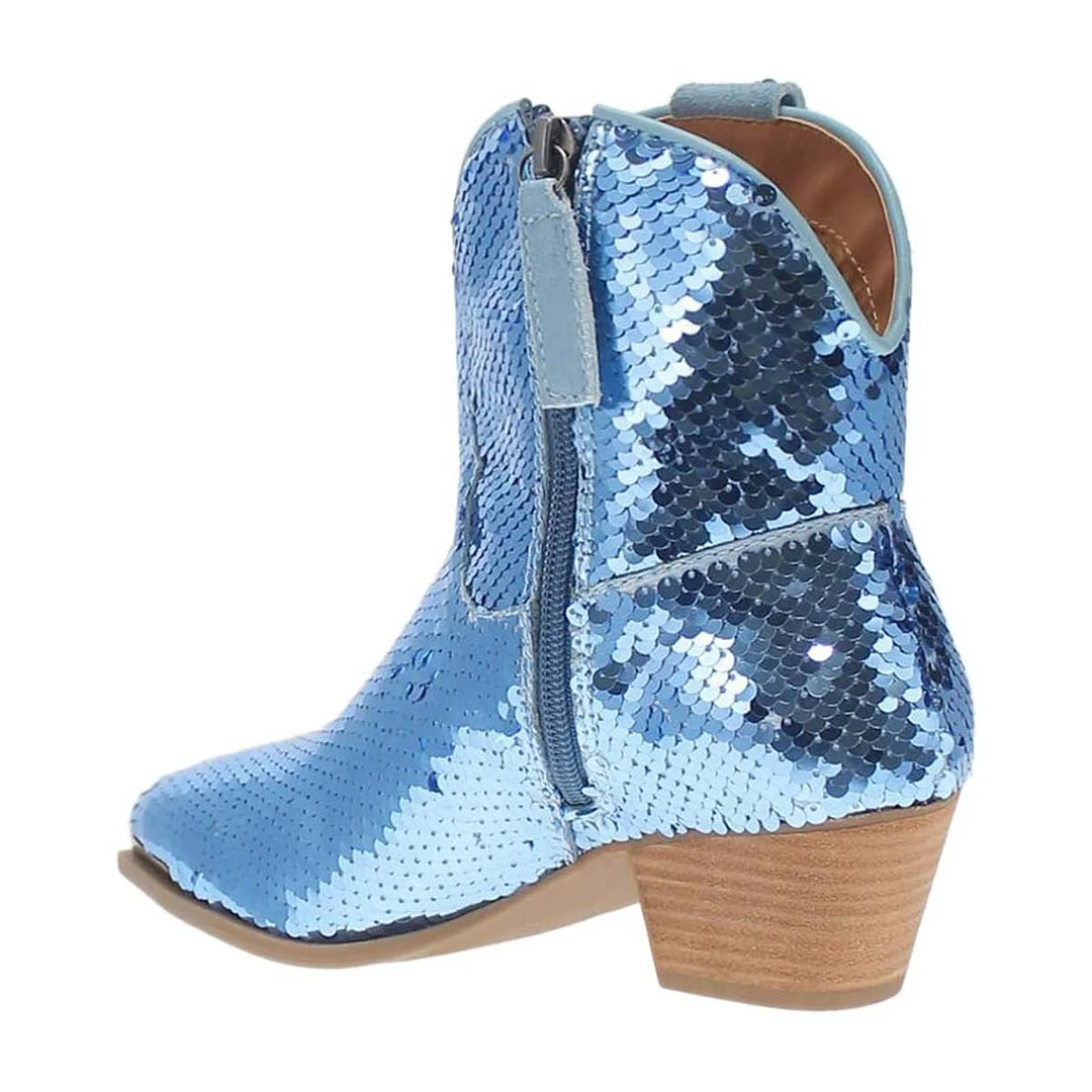 Blue Chunky Low Heel Sequin Cowboy Boots for Women with Zipper