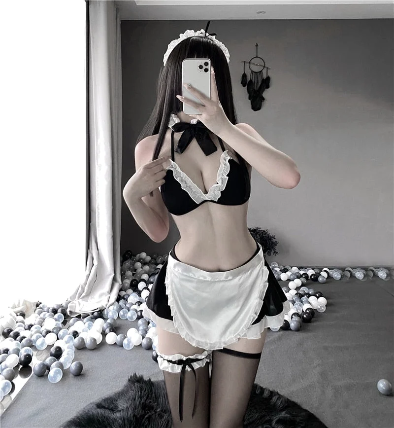 Sexy Japanese Cosplay Bikini Set French Maid Costumes Hot Lingerie Apron Classical Roleplay Servant Underwear For Women 2021 New