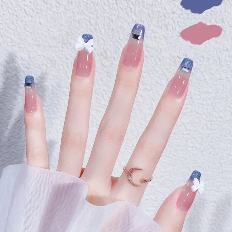24pcs Blue Waves Printed False Nail Patch Glue Type Removable Long Paragraph Fashion Manicure Coffin Fake Nail Ballerina Art-Nail Inspo