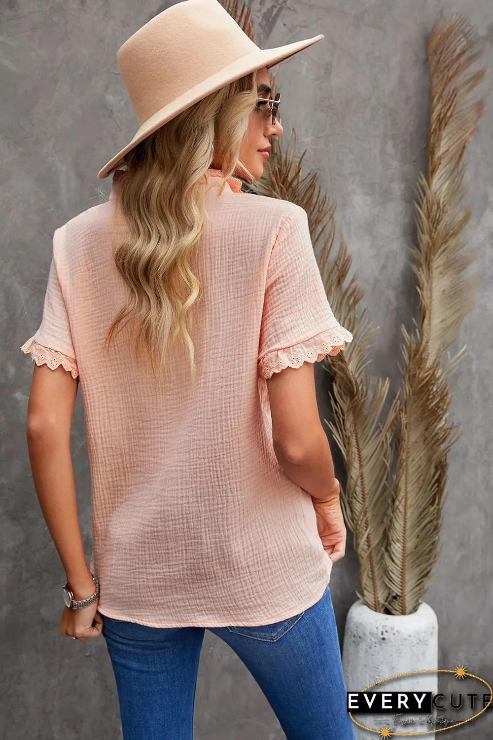 Pink Buttoned Lace Splicing Ruffle Textured Short Sleeve Shirt