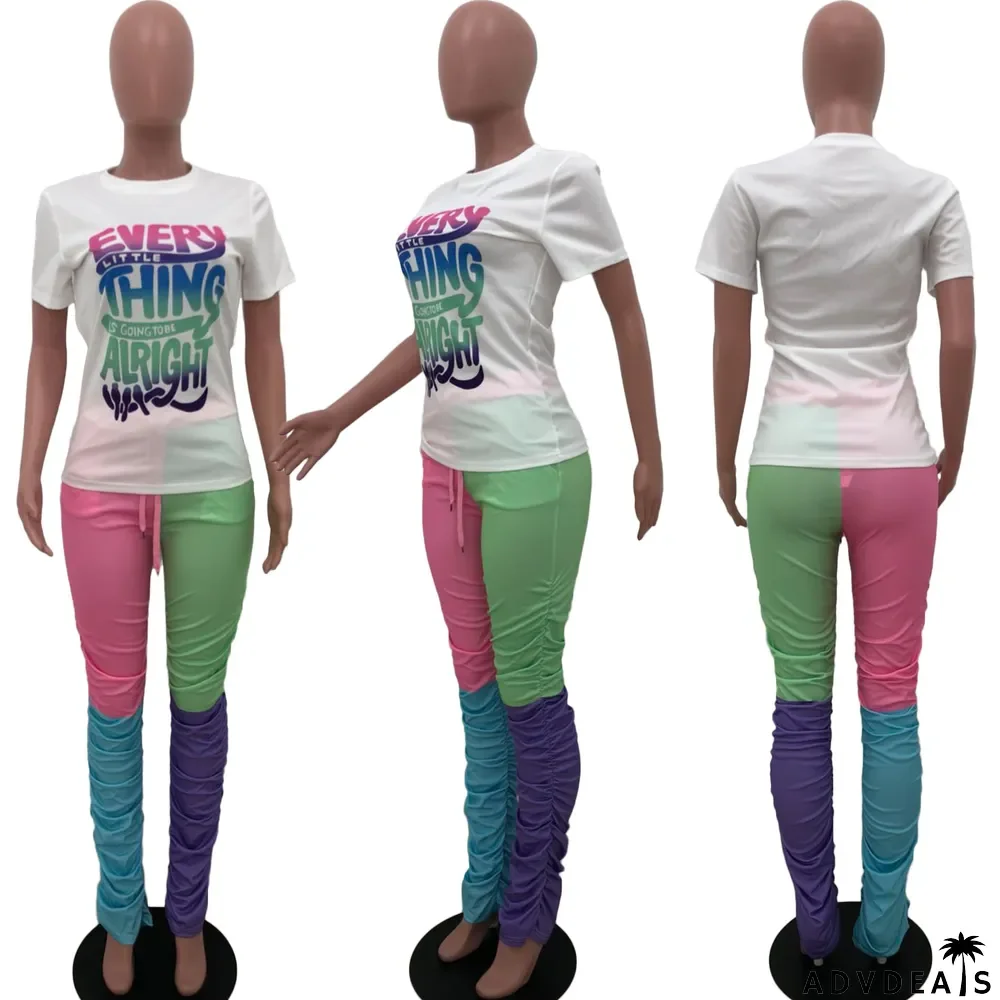 Casual Placement Print Letter Contrast Pleated Two-Piece Set