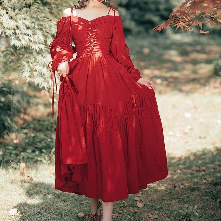 Women Cottagecore Dress Retro Chic Design Red Dress Grassland Desert Travel Vacation Beach Dress