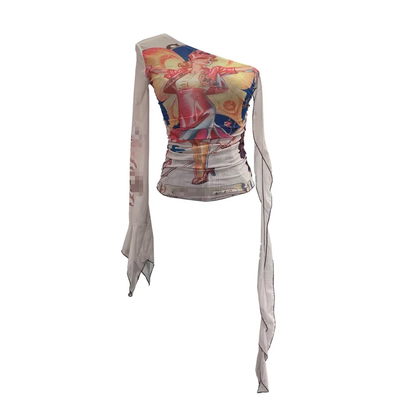 Uveng Design-Sensitive One-Shoulder Horn Long-Sleeved Mesh Yarn-Print T-Shirt With Short Tight Top 9915