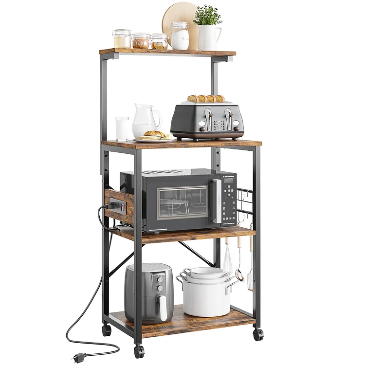 Bestier Kitchen Microwave Stand with Power Outlet, Bakers Rack with Storage, Coffee Bar with 10 S-Hooks, for Spices, Pots and Pan, Rustic Brown