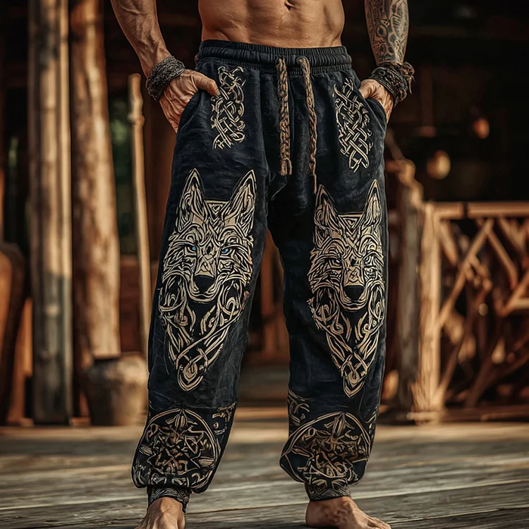 Men's Retro Celtic Wolf And Celtic Knot Pattern Comfortable Sports Casual Pants