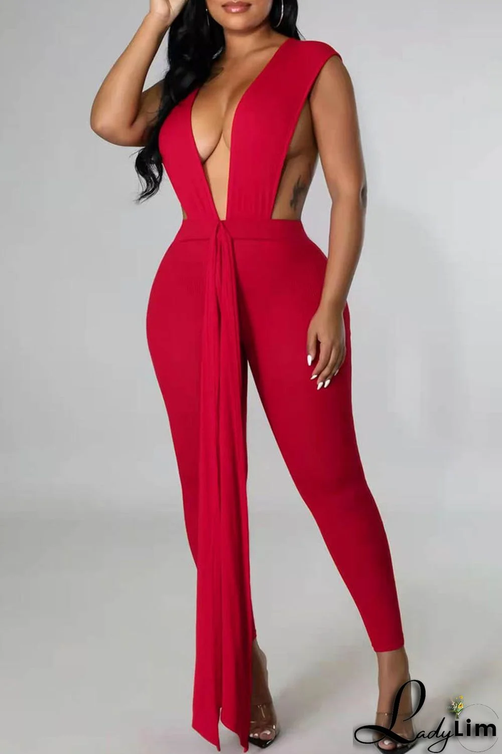 Rose Red Fashion Sexy Solid Patchwork Backless V Neck Skinny Jumpsuits