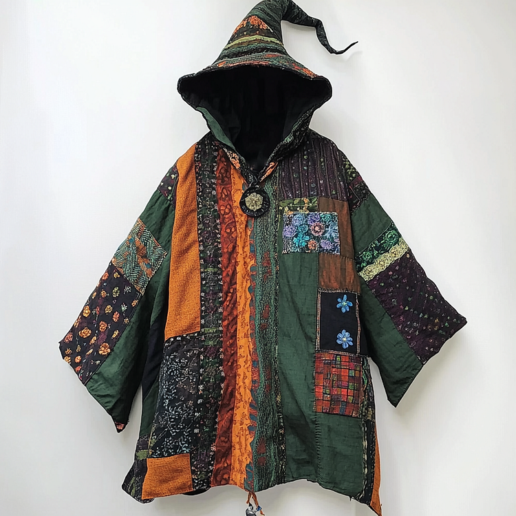Ethnic print hooded disk-button robe 3318