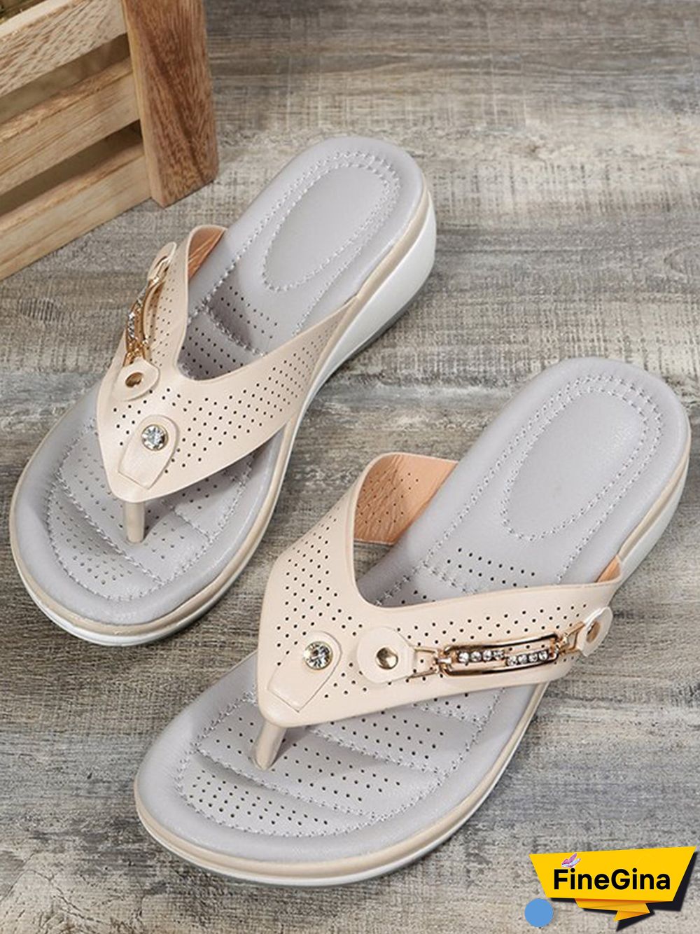 Metal Rhinestone Slope Heel Flip-Flops