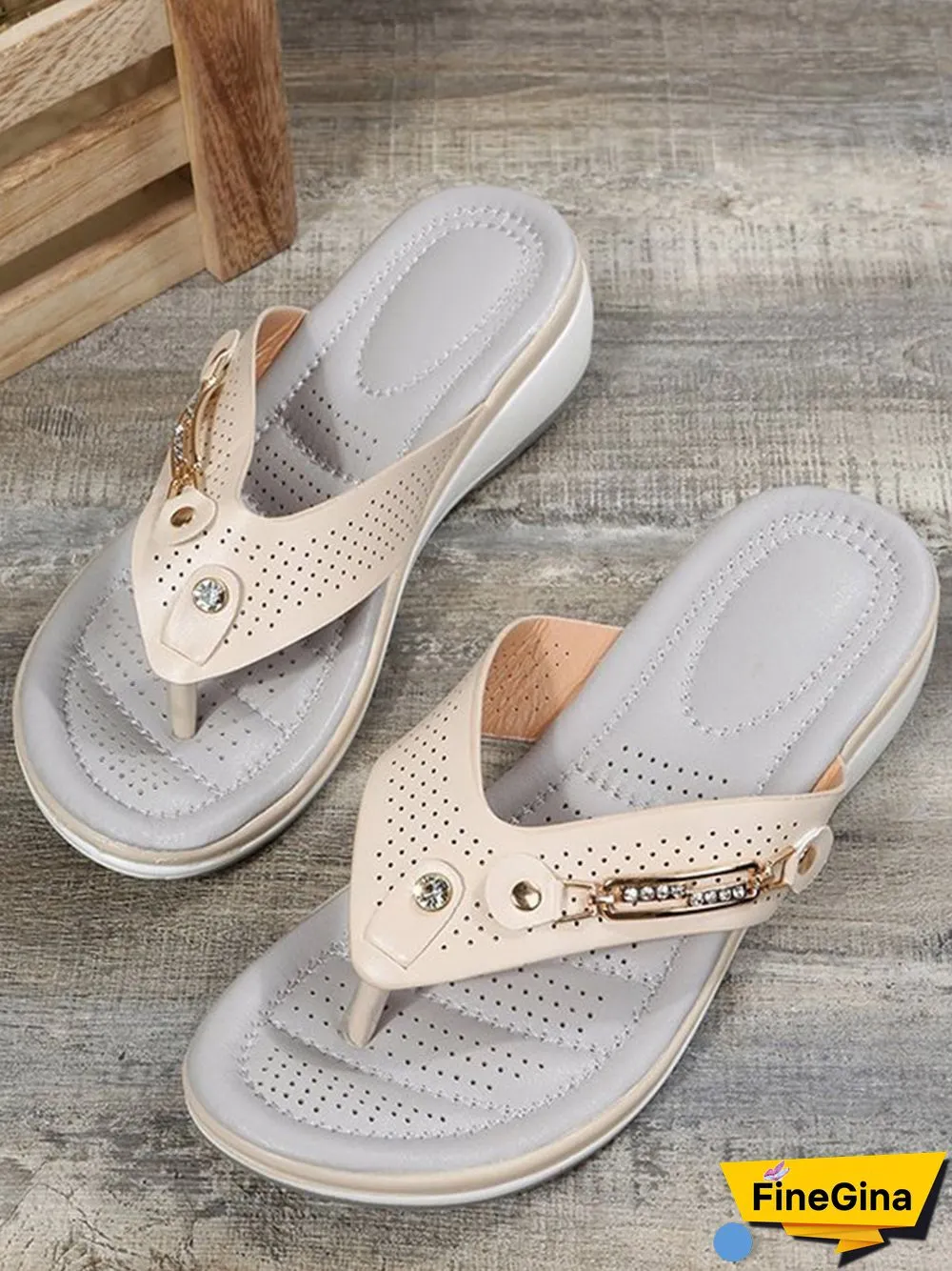 Metal Rhinestone Slope Heel Flip-Flops