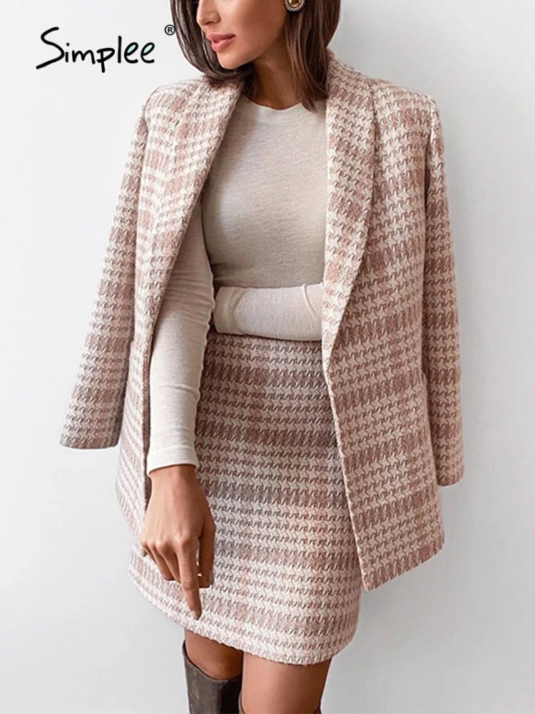 Simplee Vintage houndstooth v-neck women blazer suit Office lady plaid shoulder pads pink two pieces set Pocket mini dress sets