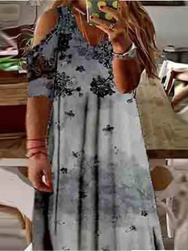 Women's Plus Size Holiday Dress Floral V Neck Print Half Sleeve Spring Fall Casual Maxi long Dress Causal Daily Dress