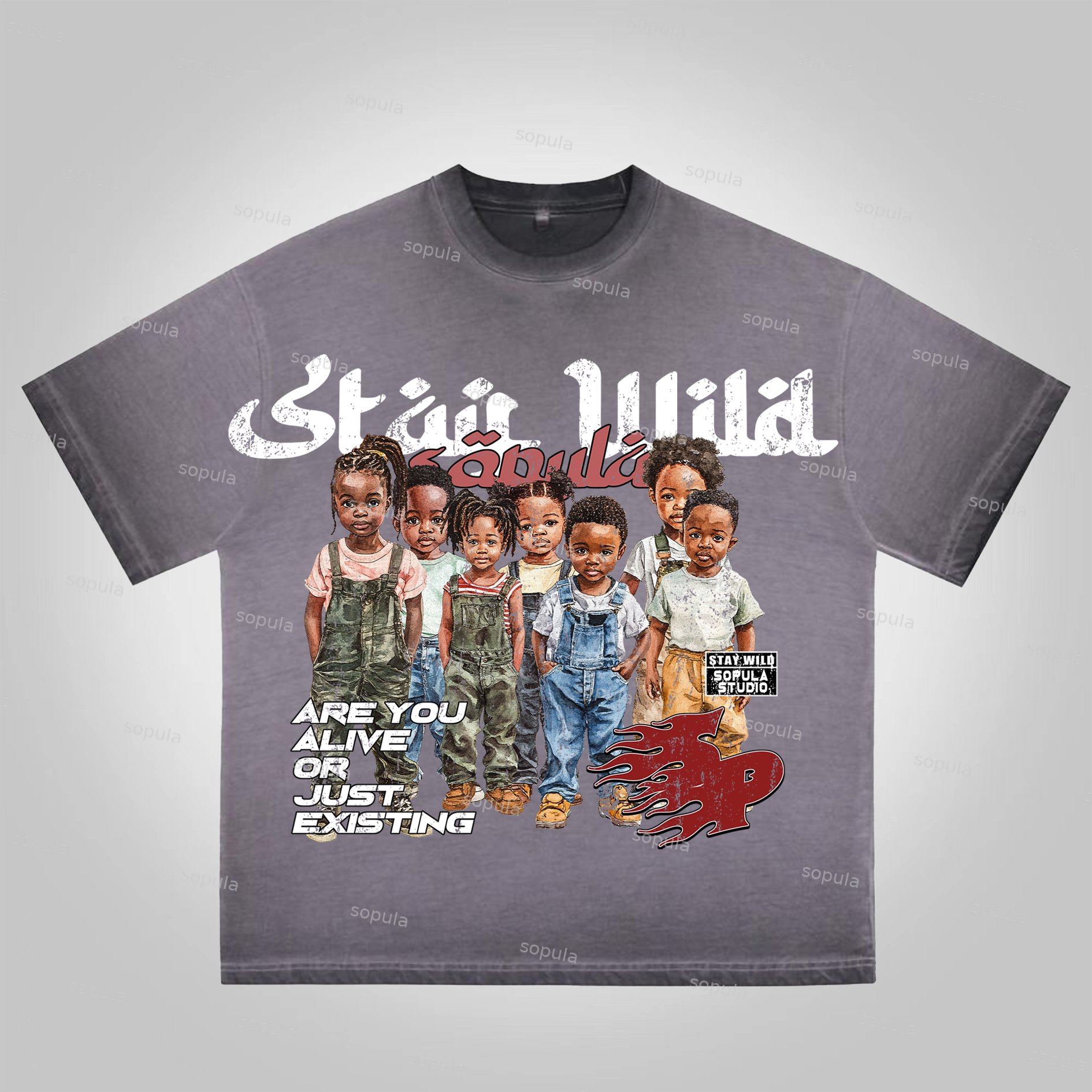 Sopula Cool Children Portraits Are You Alive Or Just Existing Print Washed Cotton T-Shirt