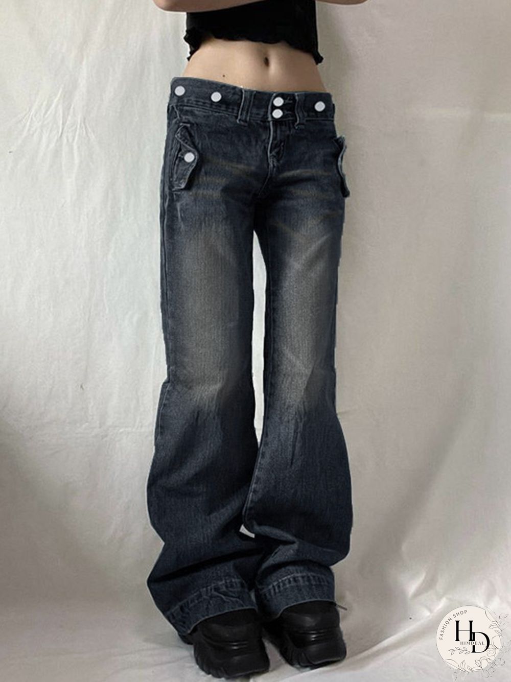 Metal Decor Buckle Low Rise Boyfriend Jeans