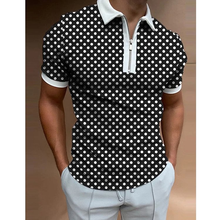 Golf Wear Casual Spotted Short Sleeve Zipper Men's Polo Shirts