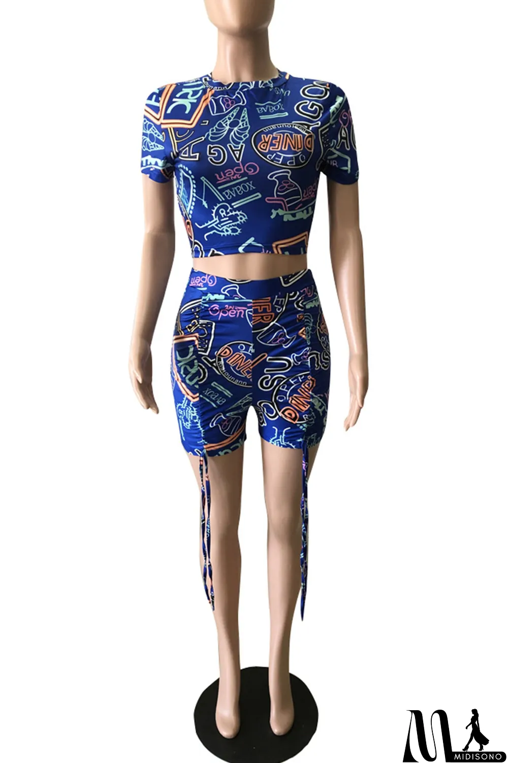 MidiSono - Blue Casual Print Draw String Turtleneck Short Sleeve Two Pieces