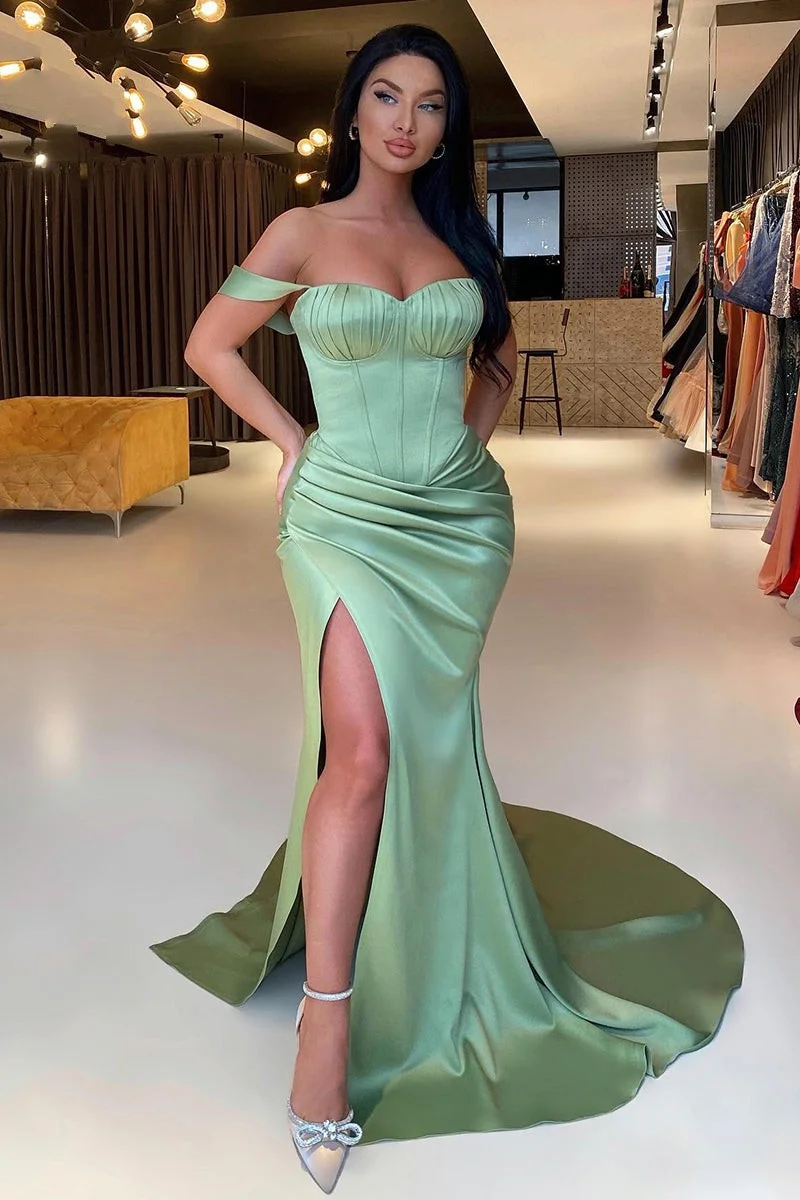 Bellasprom Sage Green Off-the-Shoulder Prom Dress Mermaid Slit With Pleats