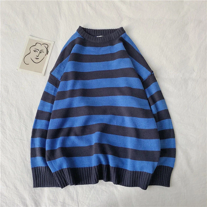 Fashion Pullover Red And Black Stripe Knitted Sweater Men Women's Autumn Winter Round Neck Casual Trend  Clothing Plus Size 702