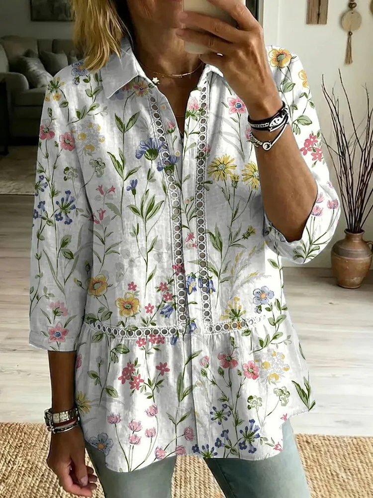 Women's Retro Floral Art Print Casual Lapel Cotton Shirt
