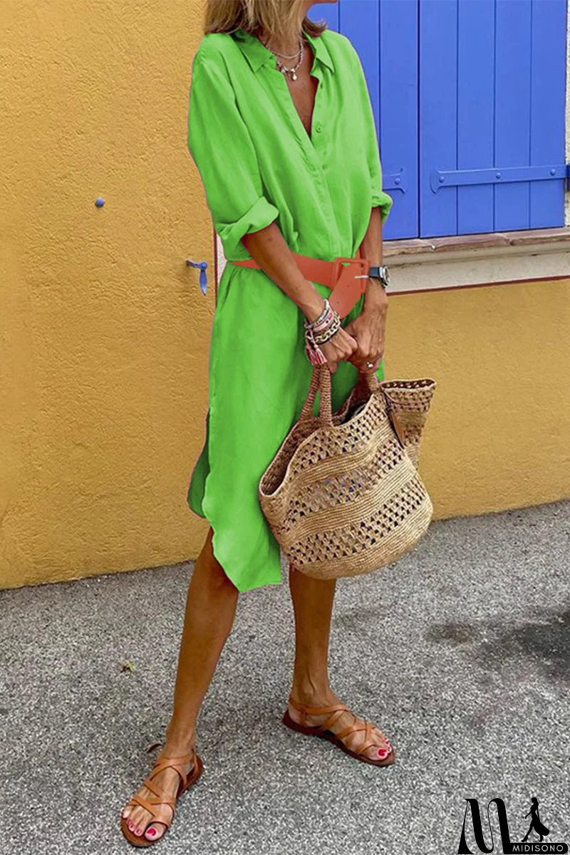 MidiSono - Casual Simplicity Solid Slit Turndown Collar Shirt Dresses(3 Colors)