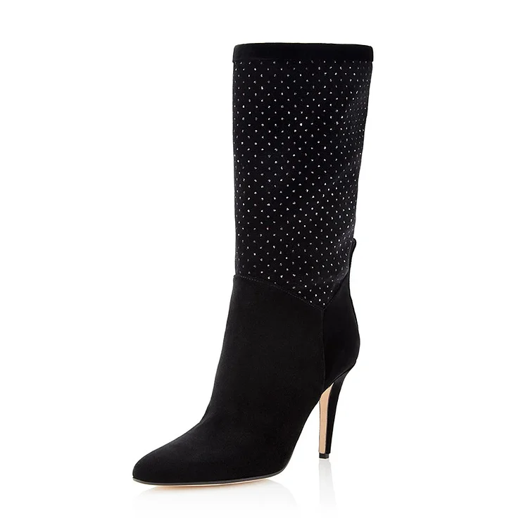 Black Studs Slouch Boots Almond Toe Cone Heel Mid Calf Boots |FSJ Shoes