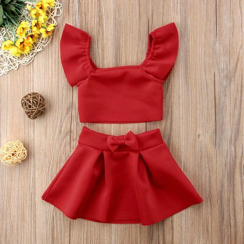 2019 Brand New Newborn Toddler Kids Baby Girl Party Off Shoulder Crop Top Bow Skirt 2Pcs Outfit Clothes Girls Solid Sunsuit 0-4T