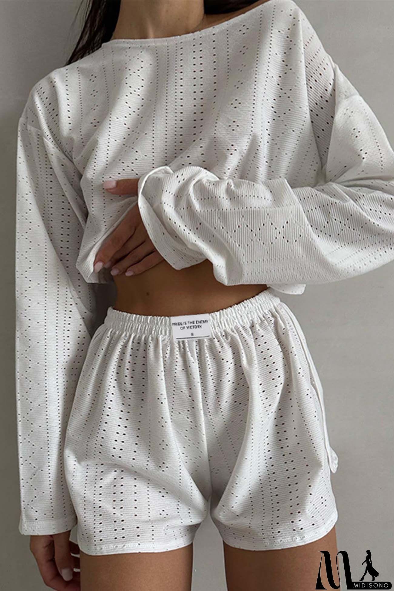 MidiSono - Hollow Long Sleeve Shorts Slit Two-Piece Set