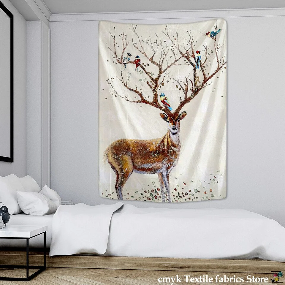 Elk Head Oil Painting Tapestry Wall Hanging Bohemian Style Psychedelic Witchcraft Art Cartoon Home Decor