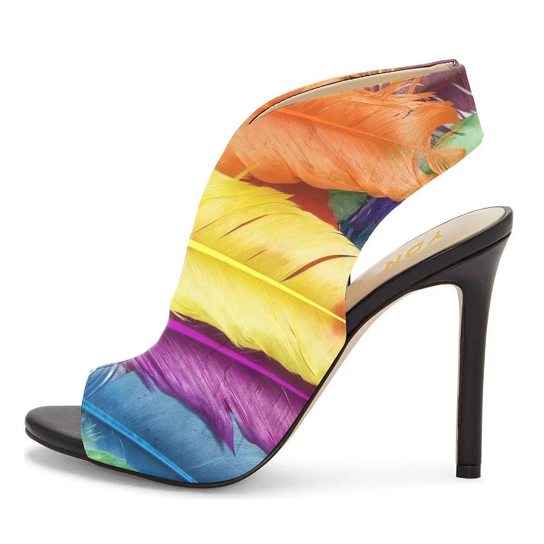 Colorful Feather Printed Peep Toe Slingback Heels Sandals by YDN