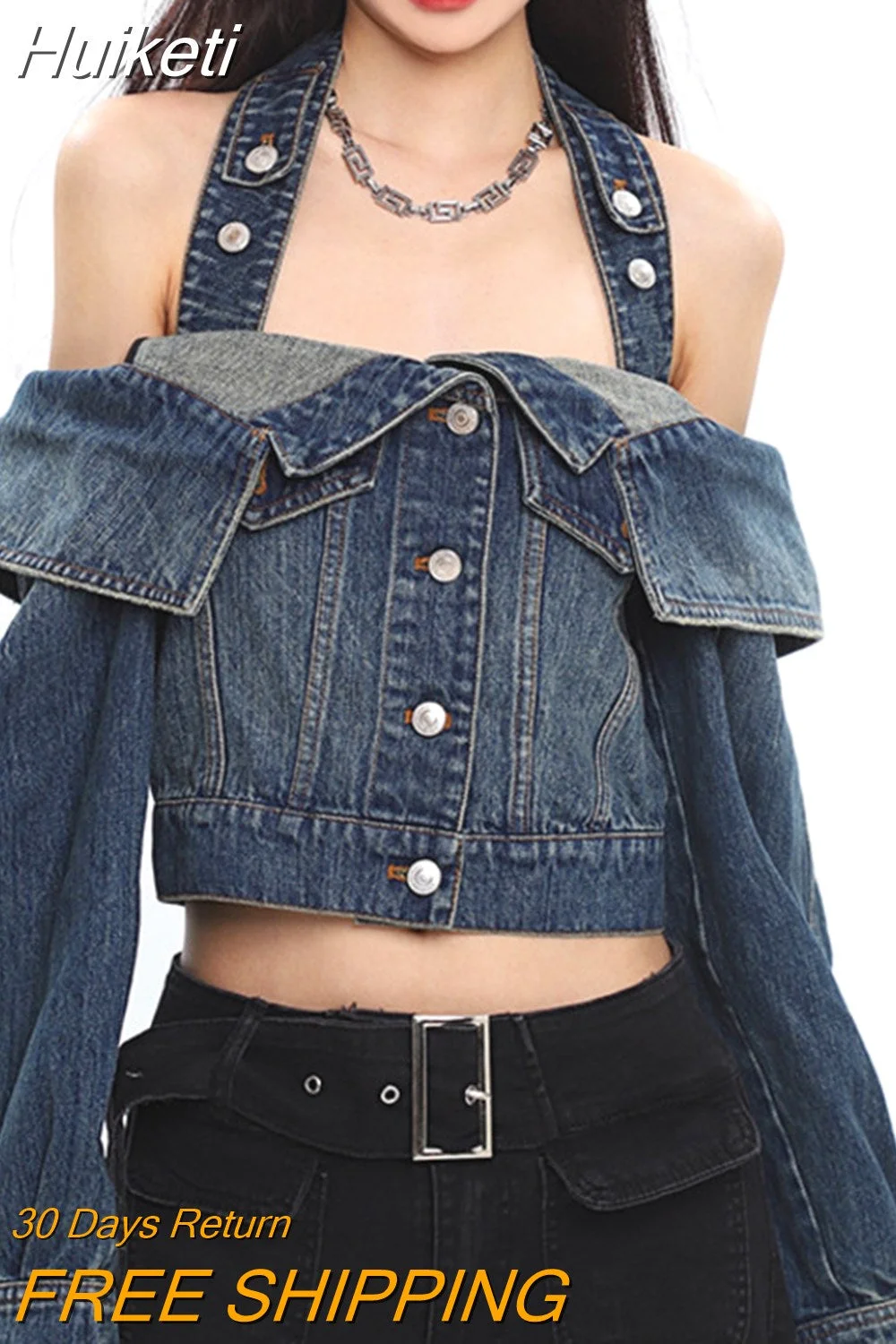 Huiketi Halter Off Shoulder Loose Denim Coat American Spice Girl Fashion Top Women's Jacket 2023 Spring New Y2k Clothes R1300