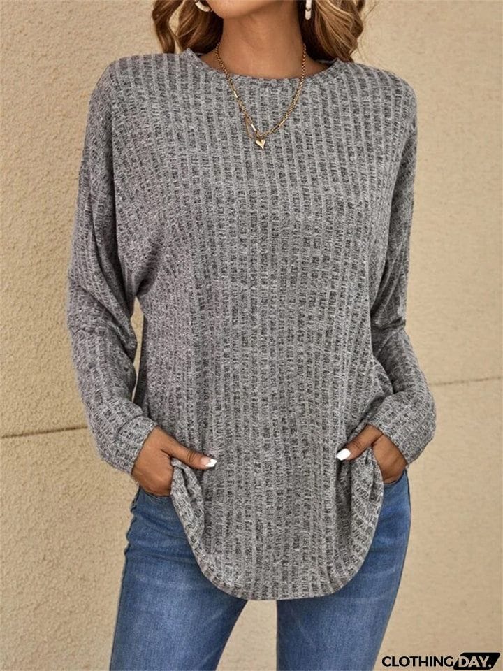 Autumn Knitted Round Neck Ribbed Long Sleeve Loose Tops