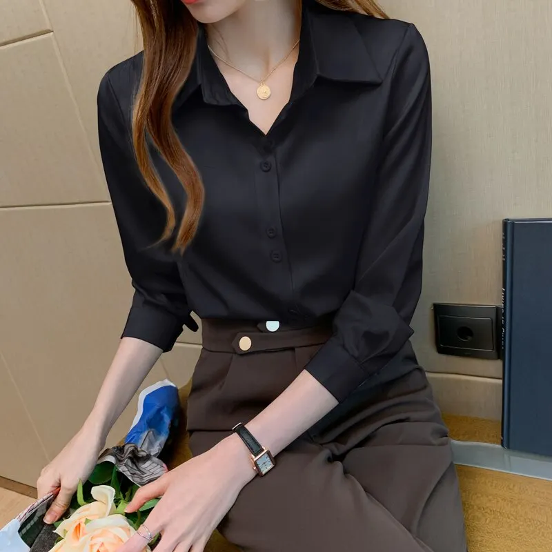 2021 Fashion Satin Long Sleeve Blouses Button Up White OL Vintage Tops V-neck Solid Ladies&rsquo; Tops Women's Silk Shirts Women 17278