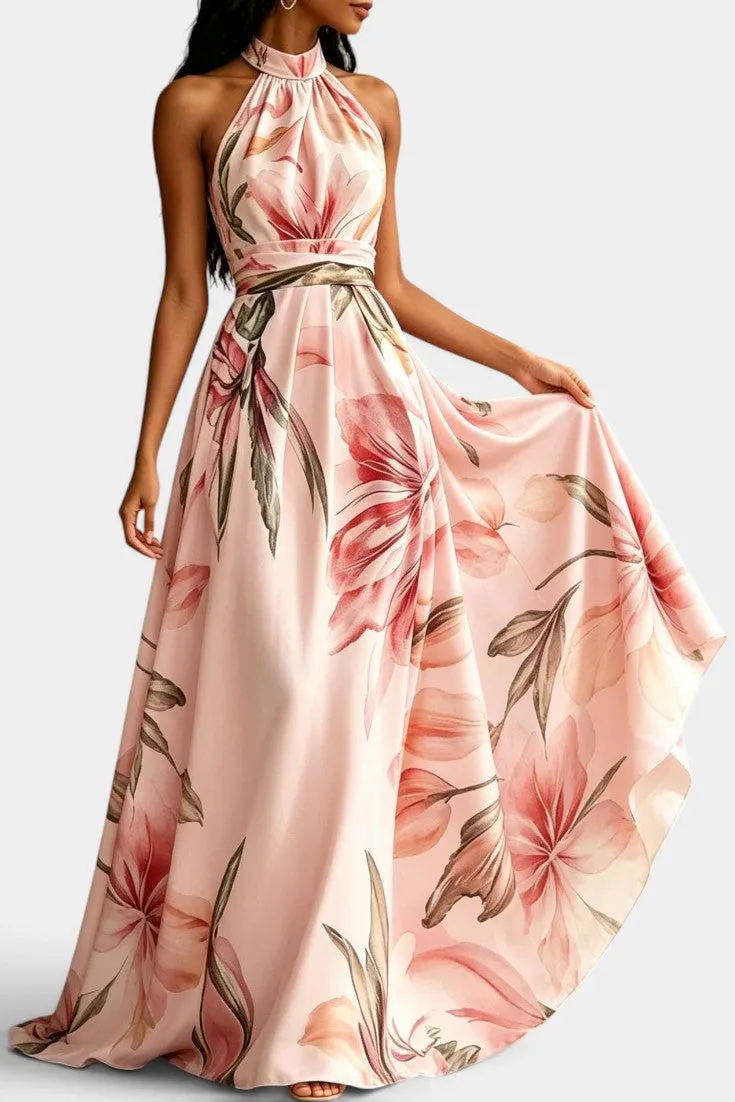 High Neck Flared Maxi Dress with Watercolor Floral Print