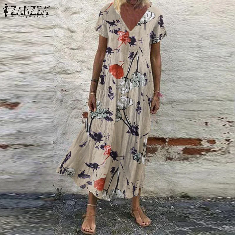 Oversized Womens Floral Sundress ZANZEA 2022 Kaftan Printed Summer Dress Short Sleeve Maxi Vestidos Female Casual Robe Femme