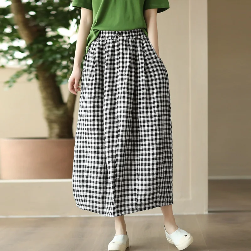 Uveng Uveng New Retro-Colored Woven Linen Lattice Skirt Tight Waist Thin Half-Dress Skirt Temperament Cotton A-Song Skirt