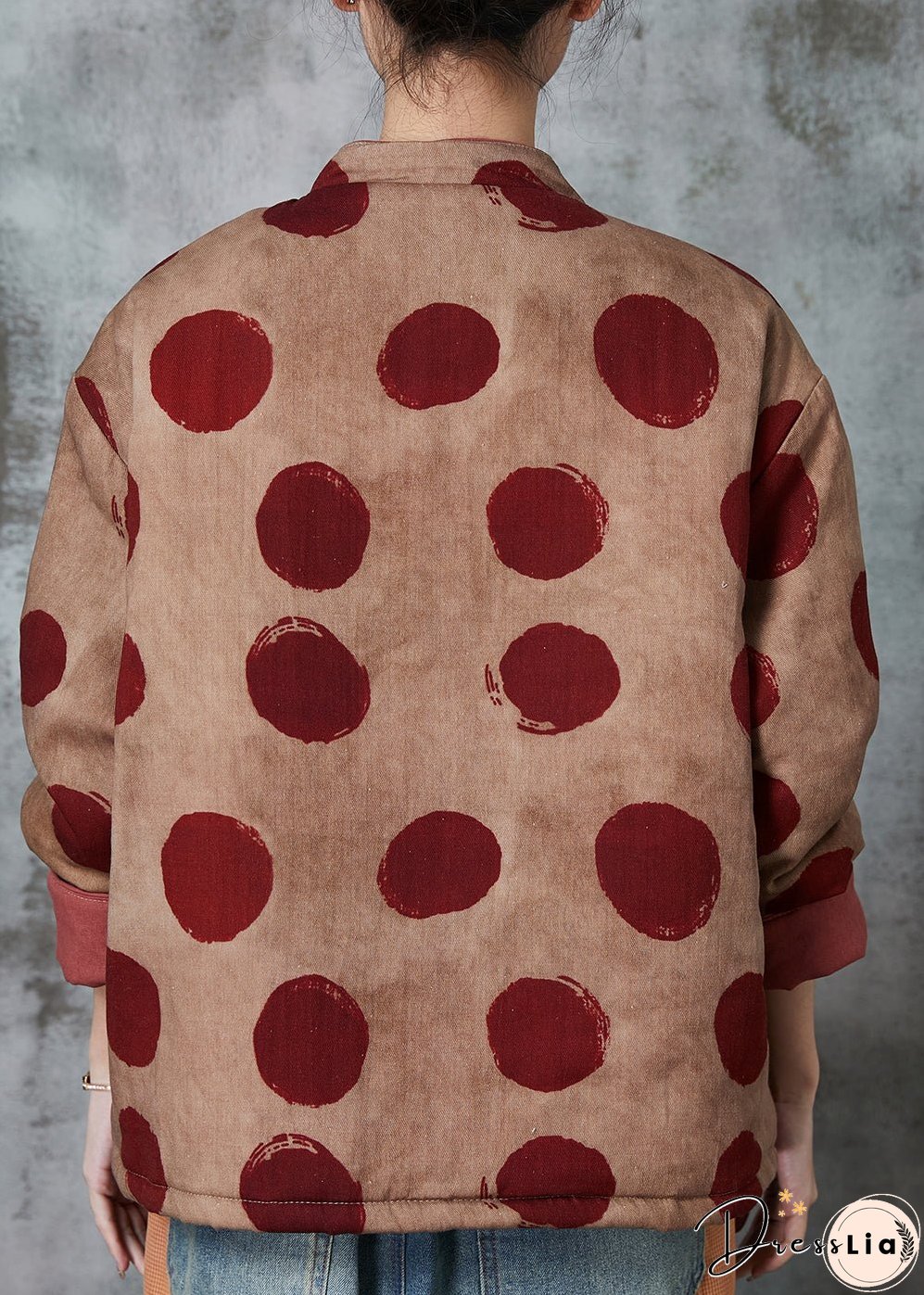 Women Orange Print Chinese Button Fine Cotton Filled Coat Winter