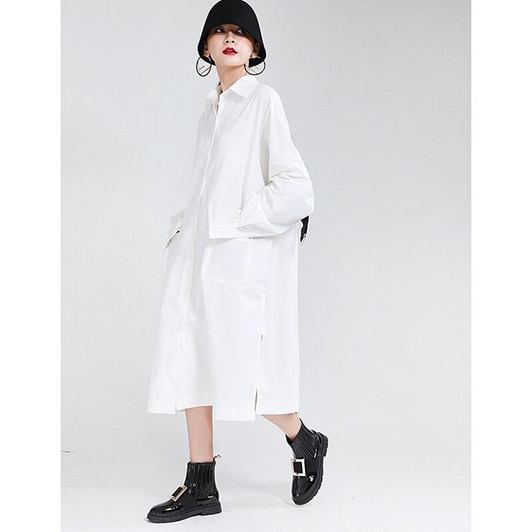Casual Solid Color Lapel Long Sleeve Back Splicing Bandage Slit Hem Dress  