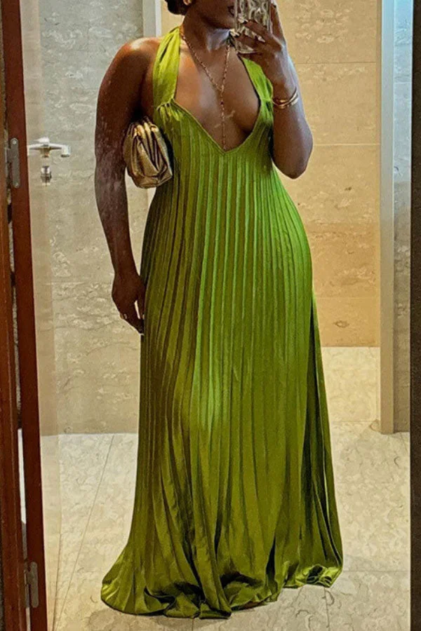 Solid Color Feminine Collar Pleated Maxi Dress