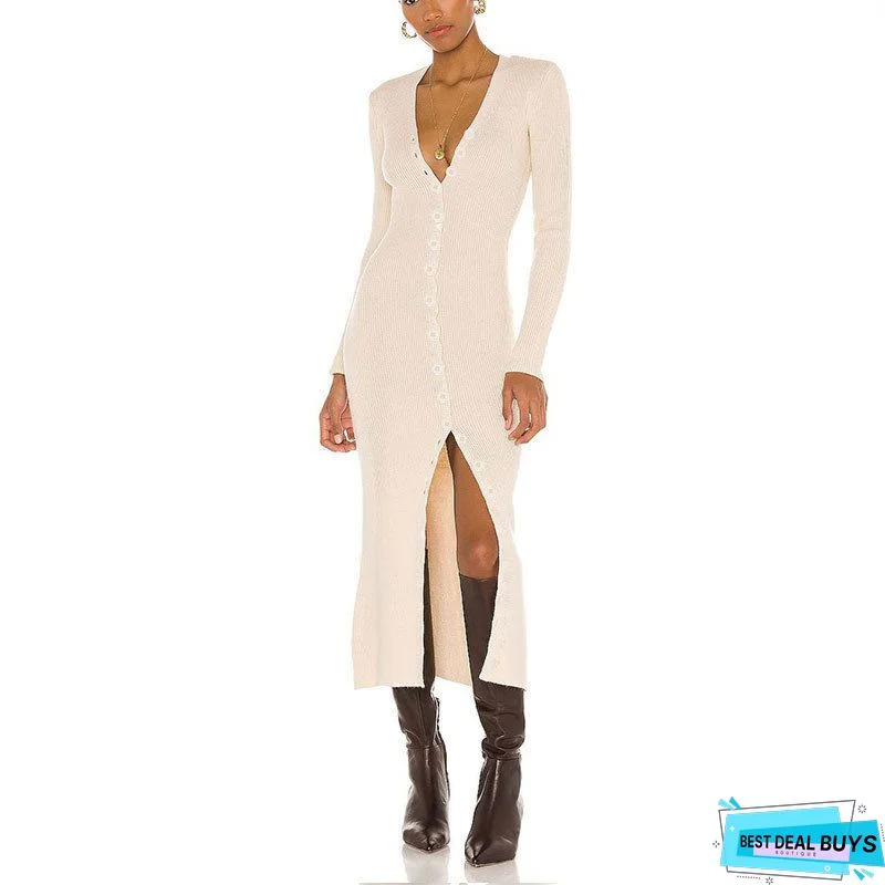 V Neck Button Bodycon Mini Dress